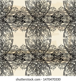 Engraving. Seamless pattern of hand drawn linear hatching. Polka dots. Old paper. Vector illustration. Can be used for wallpaper, textile, invitation card, wrapping, web page background.
