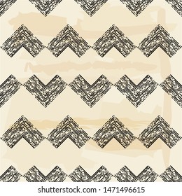 Engraving. Seamless pattern of hand drawn linear hatching. Mosaic of ethnic figures. Old paper. Vector illustration. Can be used for wallpaper, textile, invitation card, wrapping, web page background.
