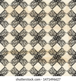 Engraving. Seamless pattern of hand drawn linear hatching. Mosaic of ethnic figures. Old paper. Vector illustration. Can be used for wallpaper, textile, invitation card, wrapping, web page background.