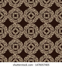 Engraving. Seamless pattern of hand drawn linear hatching. Mosaic of ethnic figures. Old paper. Vector illustration. Can be used for wallpaper, textile, invitation card, wrapping, web page background.