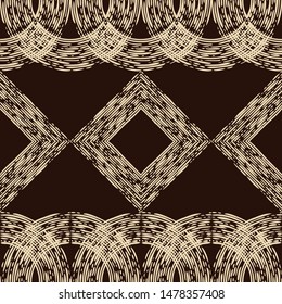 Engraving. Seamless pattern of hand drawn linear hatching. Mosaic of ethnic figures. Old paper. Vector illustration. Can be used for wallpaper, textile, invitation card, wrapping, web page background.