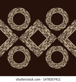 Engraving. Seamless pattern of hand drawn linear hatching. Mosaic of ethnic figures. Old paper. Vector illustration. Can be used for wallpaper, textile, invitation card, wrapping, web page background.