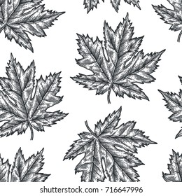 Engraving seamless pattern of maple leaves and seeds. Vintage botany decor. Illustration for textiles, gift packaging, paper, interior design, cover, wallpaper, curtains.