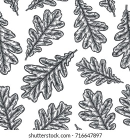 Engraving seamless pattern of Oak Leaf and Acorn. Vintage botany decor. Illustration for textiles, gift packaging, paper, interior design, cover, wallpaper, curtains.