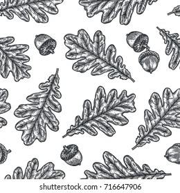 Engraving seamless pattern of Oak Leaf and Acorn. Vintage botany decor. Illustration for textiles, gift packaging, paper, interior design, cover, wallpaper, curtains.