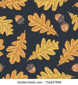 Engraving seamless pattern of Oak Leaf and Acorn. Detailed hand drawn autumn background. Illustration for textiles, gift packaging, paper, interior design, cover, wallpaper, curtains.