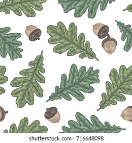 Engraving seamless pattern of Oak Leaf and Acorn. Vintage botany decor. Illustration for textiles, gift packaging, paper, interior design, cover, wallpaper, curtains.