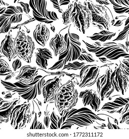 Engraving seamless pattern. Vector cocoa tree, bean, tropical leaf, old forest, plantation. Art graphic monochrome hand drawn print. Chocolate vintage texture background