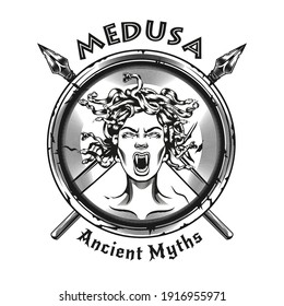 Engraving shield with Medusa Gorgon head. Black and white design element with female head, spears, shield and text. Ancient Greece mythology concept for tattoo, stamp, print template