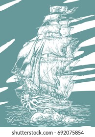 Engraving of a ship in the sea - hand drawn vector illustration