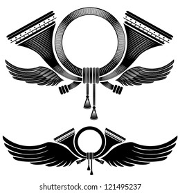 engraving silhouette cross post horn with wing