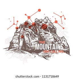 Engraving sketch of mountains with geometric abstract background with typography. Retro surrealistic trendy illustration about adventure and explorering