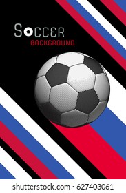 Engraving soccer ball illustration with red blue white stripe on black BG