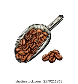 Engraving, spatula with coffee beans, vector illustration in color and line sketch