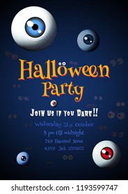 engraving spooky eyeball on dark blue background for halloween party vintage style poster flyer or leaflet printing