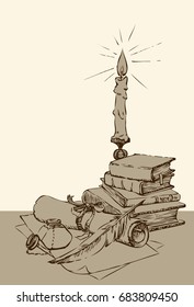 Engraving stack paperback still life with inkpot, candlestick, isolated on white backdrop. Freehand outline hand drawn picture sketch in artistic retro style pencil on parchment with space for text