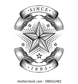 Engraving star between of two ribbons isolated on white. Vintage style for print or design