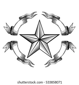 Engraving star in the middle of ribbons isolated on white. Vintage style for print or design