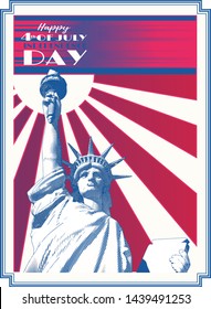 Engraving statue of liberty on colorful shining in retro style in blue red and white flag color theme for independence day event celebration