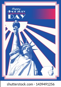 Engraving statue of liberty on colorful shining in retro style in blue red and white flag color theme for independence day event celebration