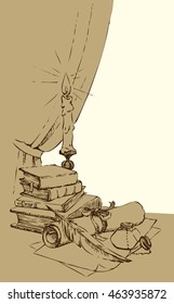 Engraving still life with stack paperback, inkpot, candlestick isolated on white backdrop. Freehand outline hand drawn picture sketch in artistic retro style with space for text