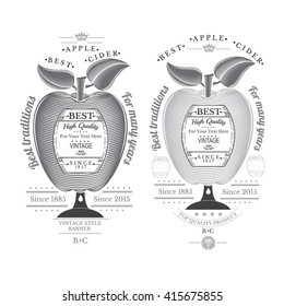 Engraving style apple with barrel for text in the center. Cider label isolated on white