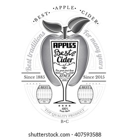 Engraving style apple with wineglass for text in the center. Cider label isolated on white