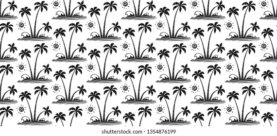 Engraving style black hand drawn vector palm trees and waves on white background tropic seamless pattern tile