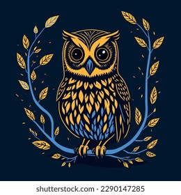 Engraving style blue and yellow owl vector illustration with a branch and leaves. Ideal for use in designing and decorating.