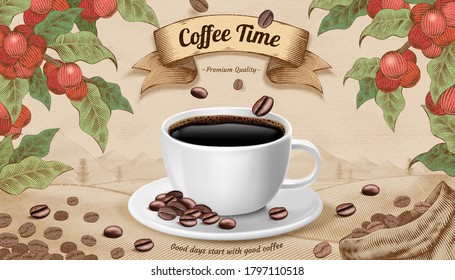 Engraving style coffee time concept design, 3d illustration coffee cup and beans