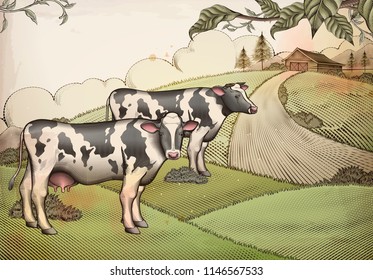 Engraving style dairy cattle and farmland background design Engraving style dairy cattle and farmland background design