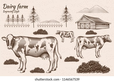 Engraving style dairy cattle and farmland design element Engraving style dairy cattle and farmland design element