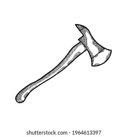 Engraving Style Firefighter axe. Retro Black and white illustration. Isolated on white background. Fireman axe shape icon logo design template. Professional tool and equipment for fire fighting
