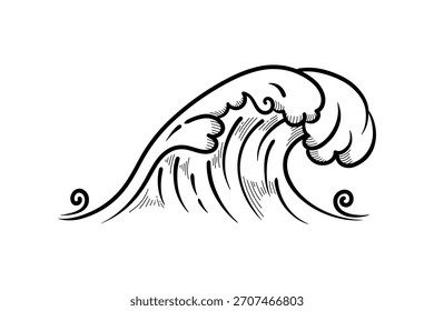 Estilo de grabado dibujado a mano Ocean Wave Art Sketch para diseño náutico