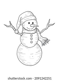 Engraving Style Hand Drawn Snowman Illustration. Retro Vintage New Year and Christmas cute snowman with scarf and Christmas hat. Isolated on white background.