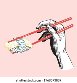 Engraving style handheld chopsticks with tamago/egg sushi vector illustration. Ready to use design template.
