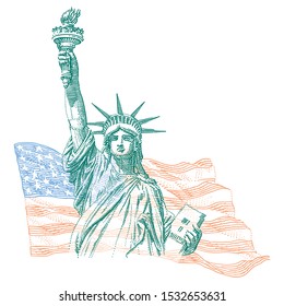 Engraving style illustration of Statue of Liberty with United States flag on background, vector, layered. 