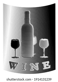 engraving style illustration of wine bottle with glass isolated on gradient background. eps 10