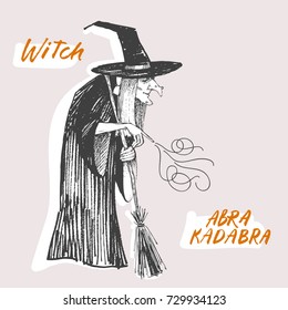 Engraving style. Ink line illustration for Halloween. The witch conjures