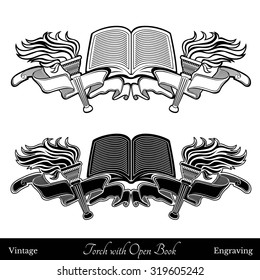 Engraving style label with open book between torches on ribbon