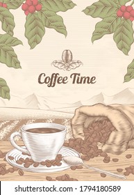 Engraving style leisure coffee time background with a cup of coffee and beans in jute bag
