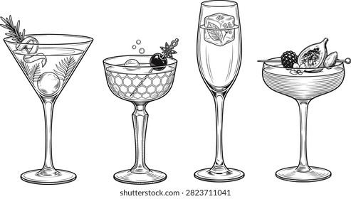 Engraving style line art drawing of different types of drink glasses with assorted garnishes, refreshing.