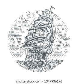 Engraving style line illustration of sailing ship. Vector. (Sky on separate layer).