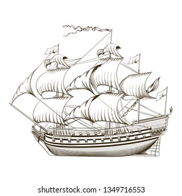 Engraving style line illustration of sailing ship. Vector.