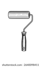 Engraving Style Paint Roller Vector Illustration on Isolated Clean White Background
