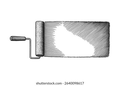Engraving Style Paint Roller Vector Illustration with Stroke on White Background