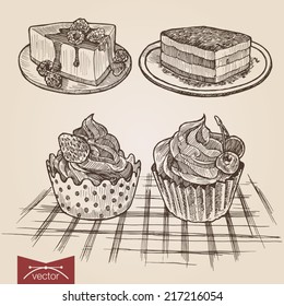 Engraving style pen pencil crosshatch hatching paper painting retro vintage vector lineart illustration set of cakes and tarts. Tiramisu, cheese cake, creamy biscuits. Engrave silhouette collection 