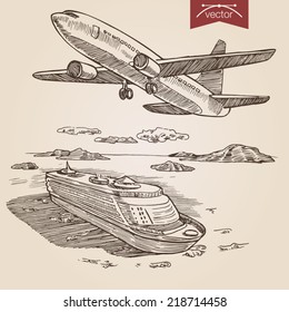 Engraving style pen pencil crosshatch hatching paper painting retro vintage vector lineart illustration transport set. Plane in the sky and cruise ship in ocean.