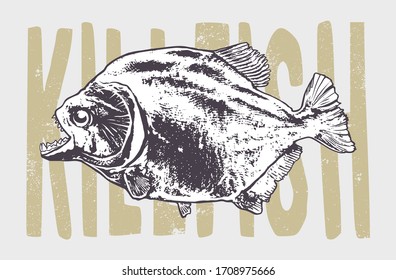 Engraving style piranha fish vector illustration.