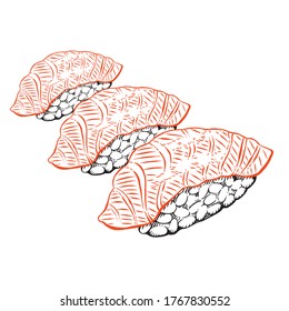 Engraving style premium salmon sushi vector illustration. Ready to use design template.